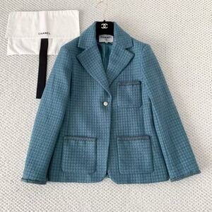 CHANEL Light Teal Blue Tweed Jacket